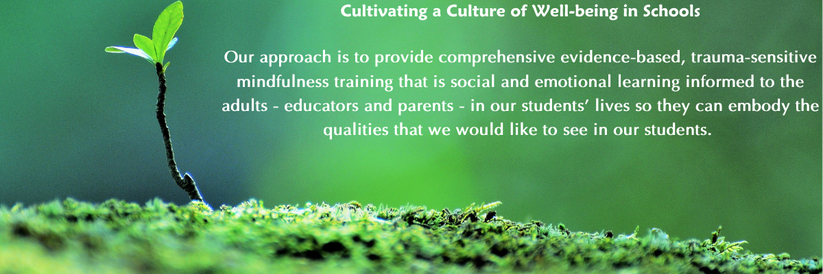 Cultivating a Culture of Well-being in Schools

Our approach is to provide comprehensive evidence-based, trauma-sensitive mindfulness training that is social and emotional learning informed to the adults - educators and parents - in our students' lives so they can embody the qualities that we would like to see in our students. 
